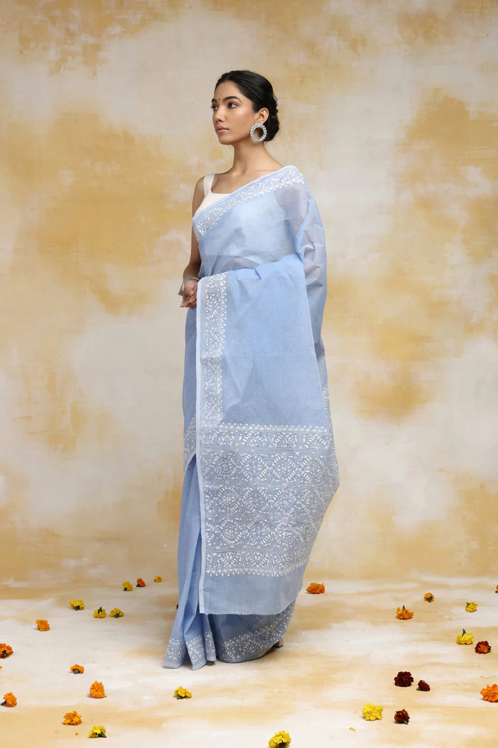 Handloom Baby Blue Pure Cotton Kantha Saree