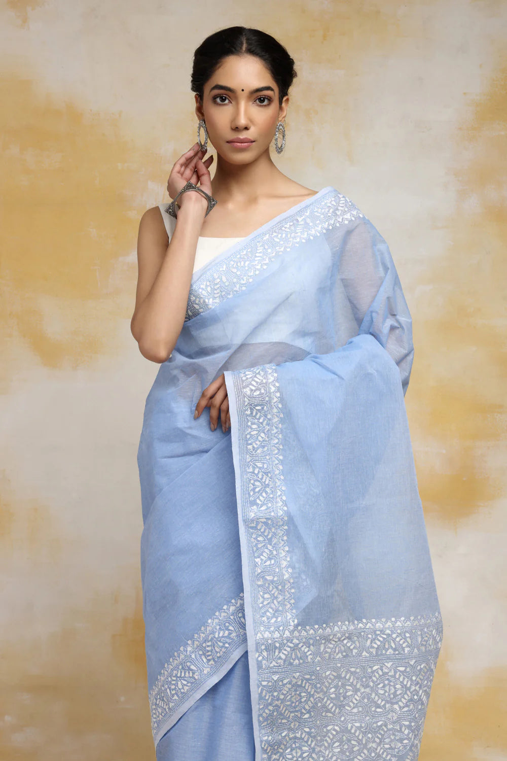 Handloom Baby Blue Pure Cotton Kantha Saree