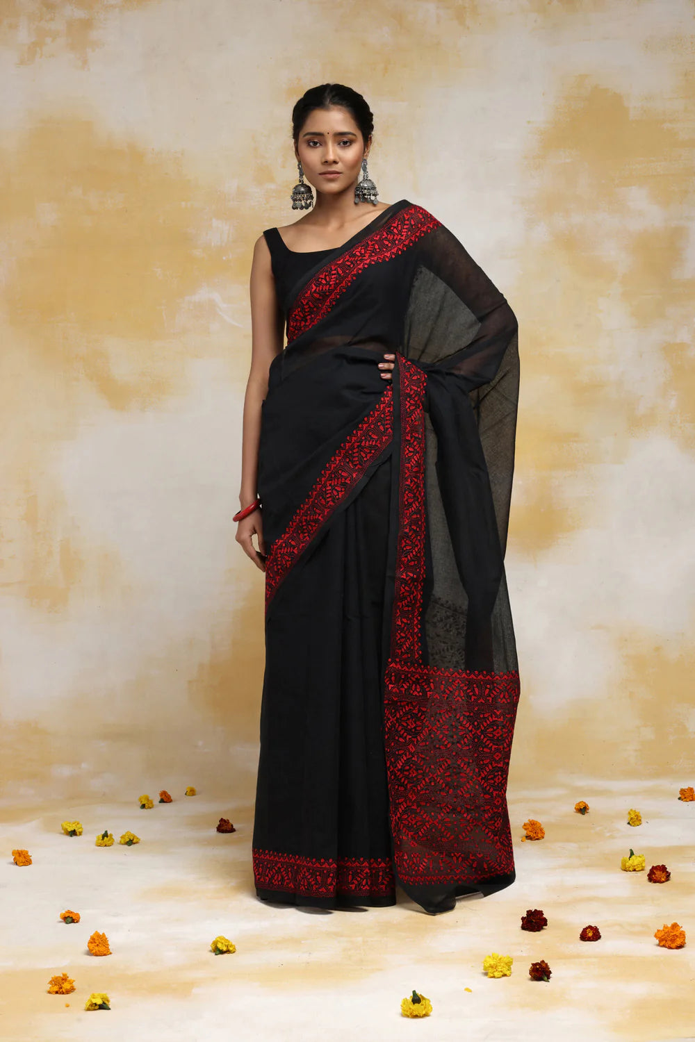 Handloom Black Pure Cotton Kantha Saree