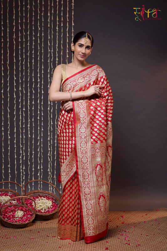 Handloom Red Pure Silk Traditional Banarasi Saree With Gold Zari