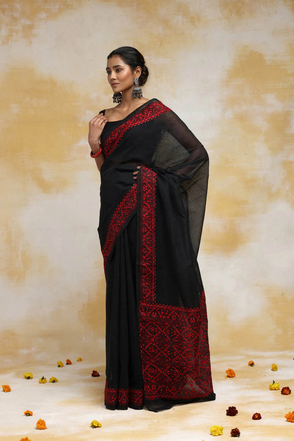 Handloom Black Pure Cotton Kantha Saree