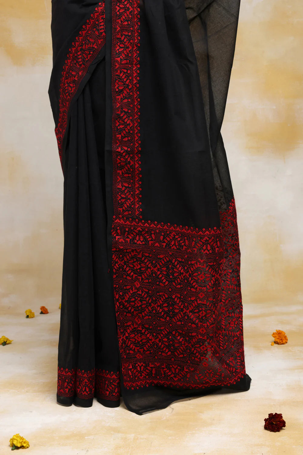 Handloom Black Pure Cotton Kantha Saree