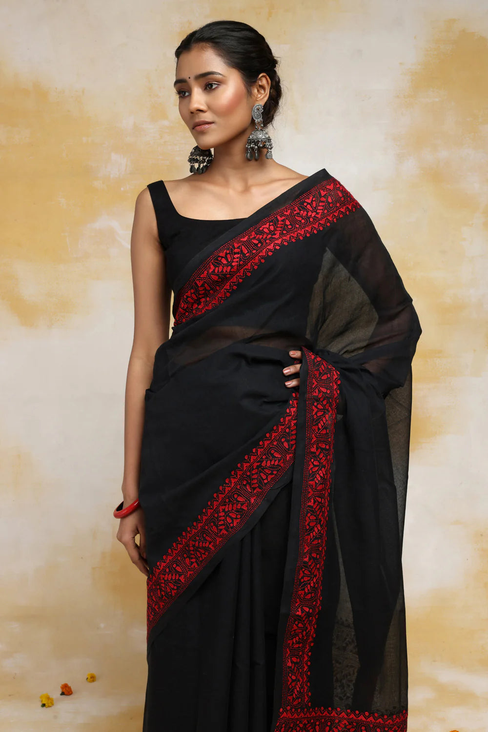 Handloom Black Pure Cotton Kantha Saree