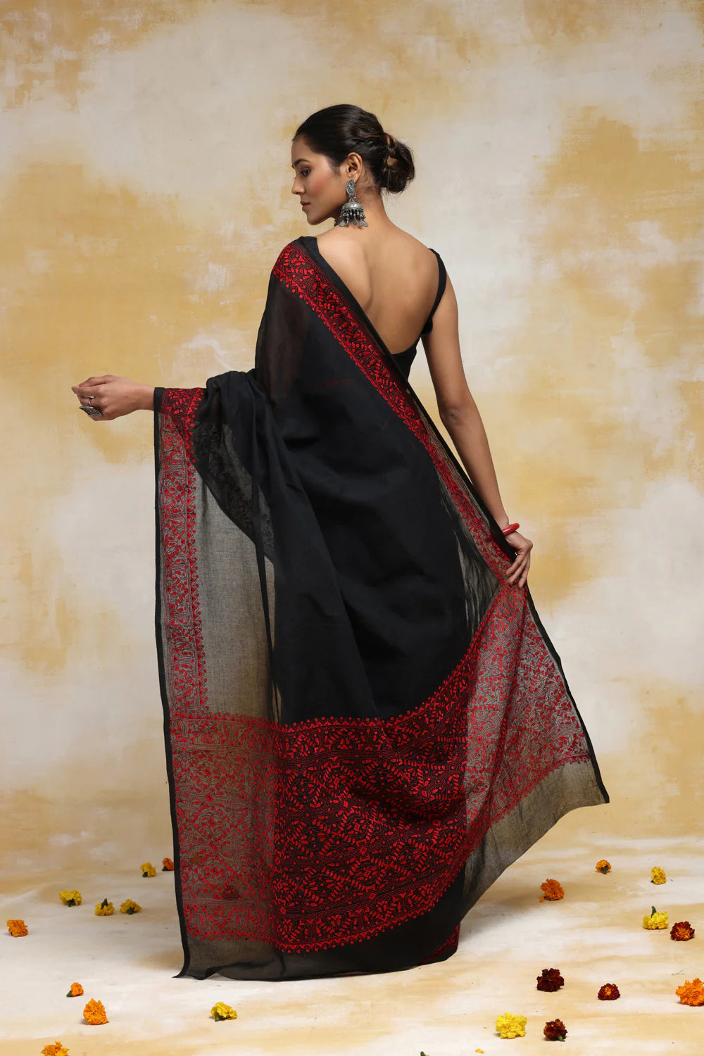 Handloom Black Pure Cotton Kantha Saree