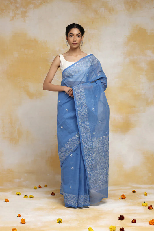 Handloom Blue Pure Cotton Kantha Saree