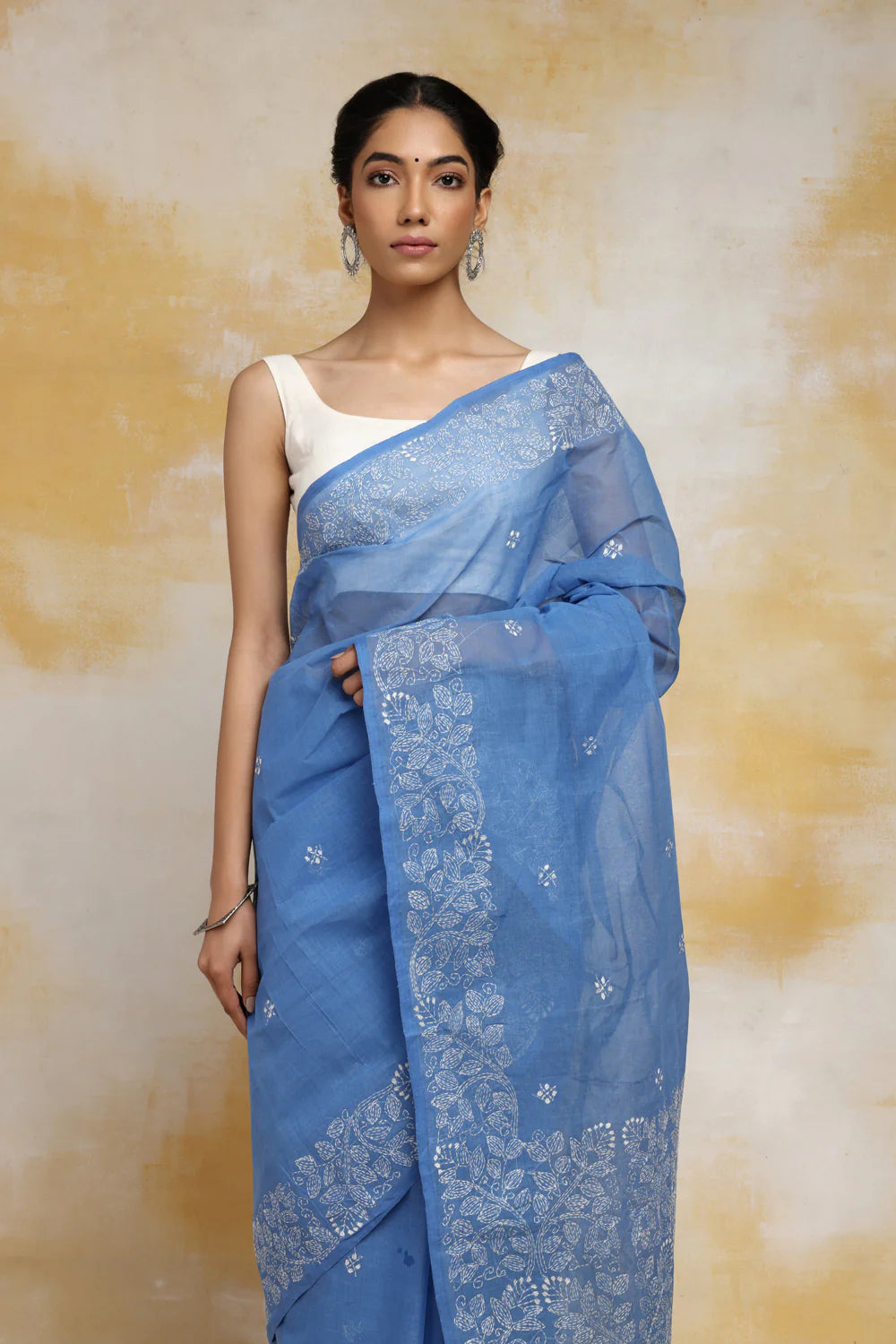 Handloom Blue Pure Cotton Kantha Saree