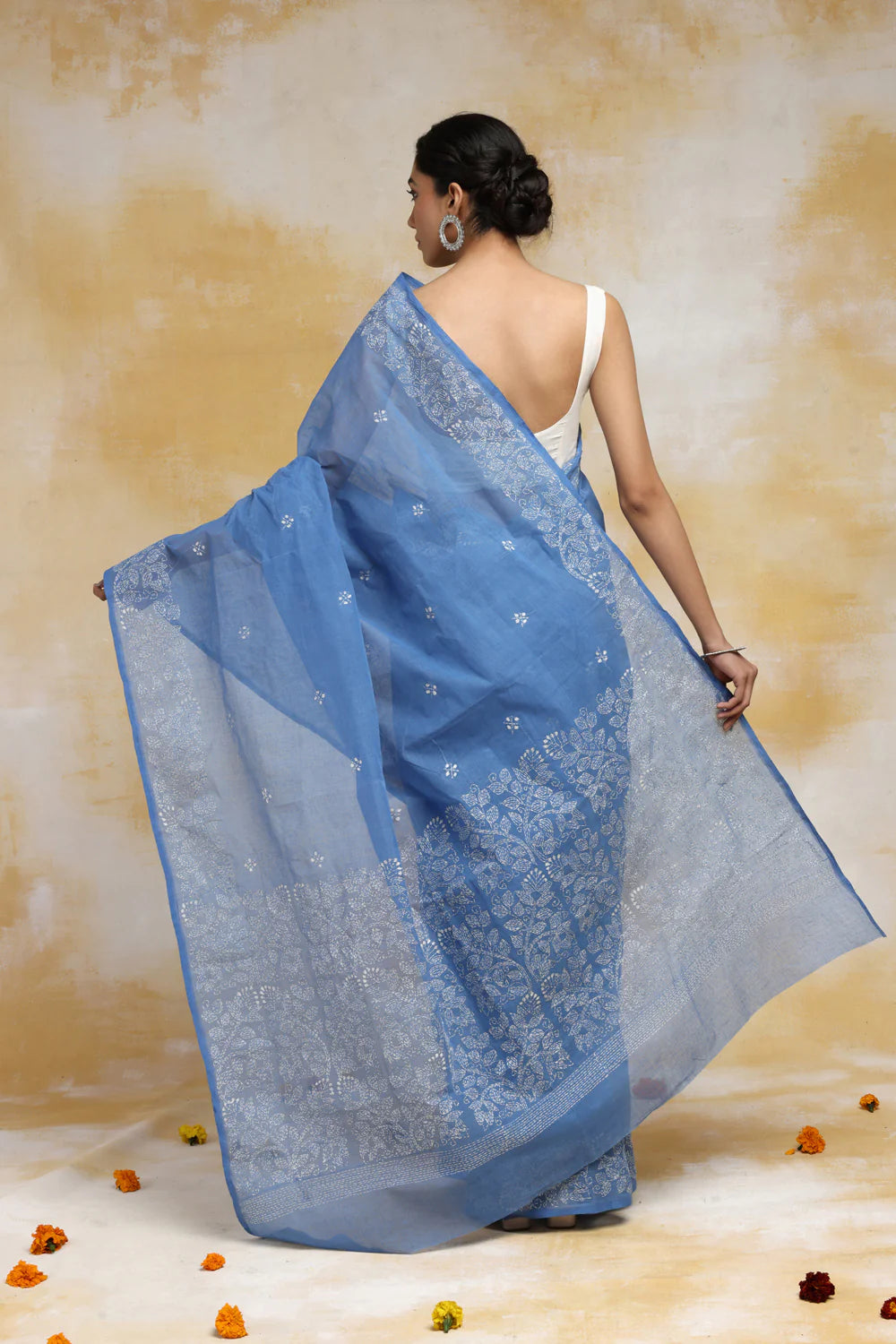 Handloom Blue Pure Cotton Kantha Saree