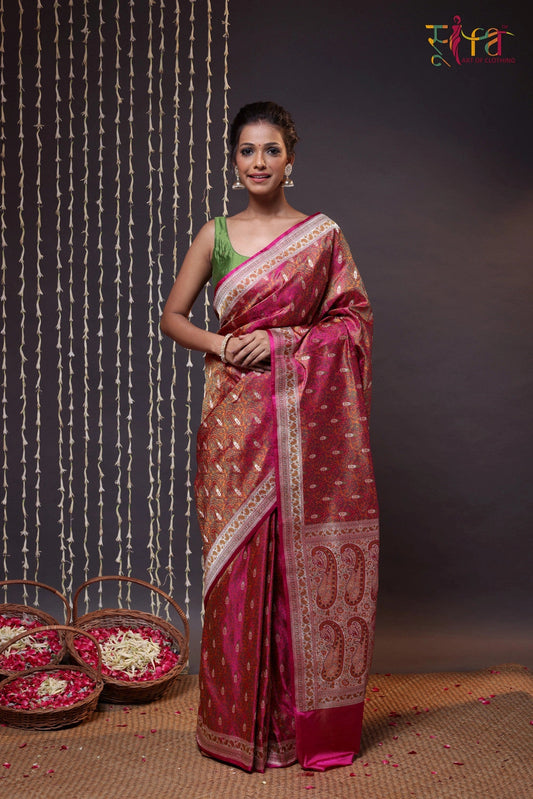 Handloom Magenta Pure Silk Tanchoi Saree With Zari