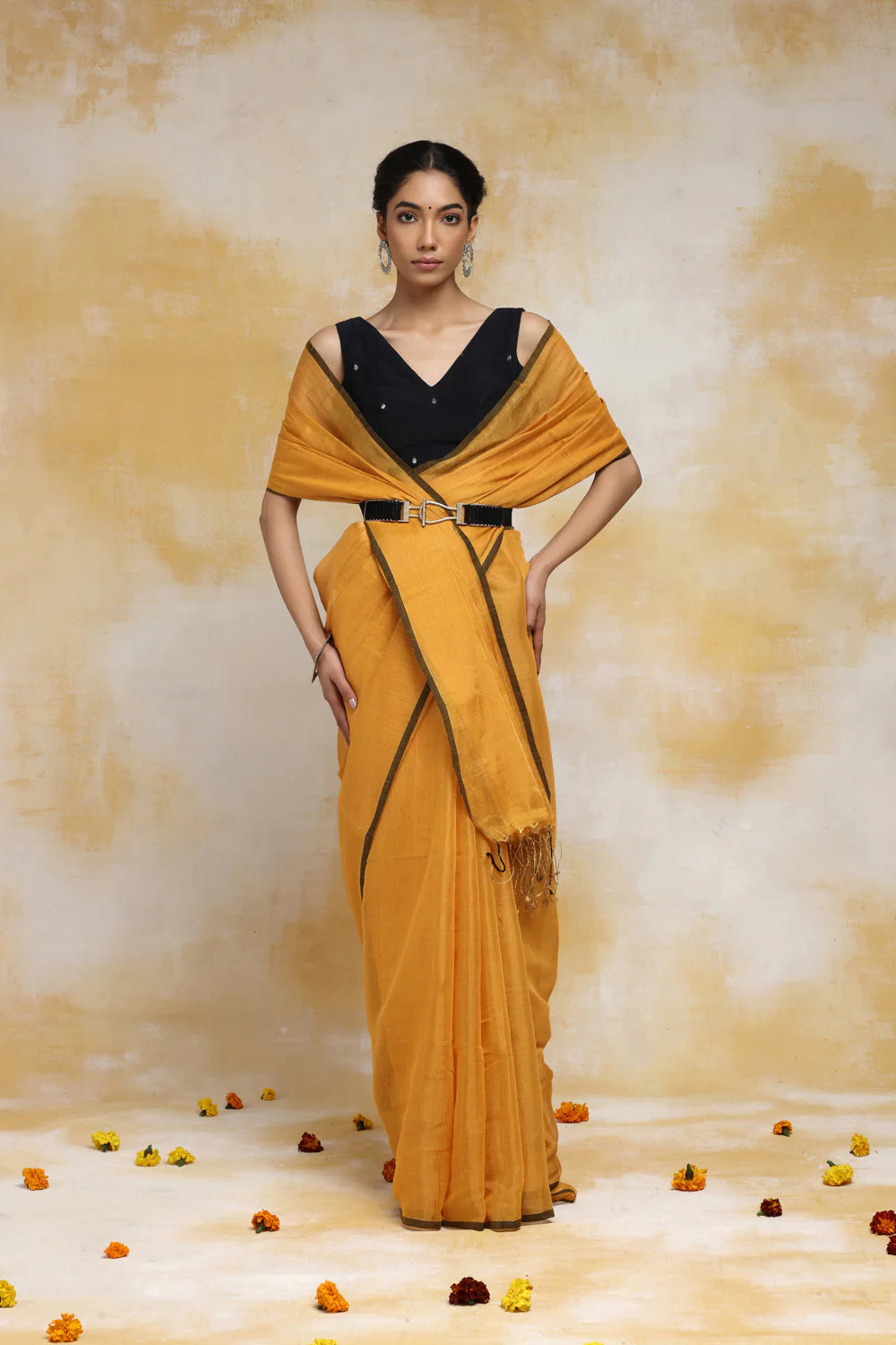 Handloom Mustard Yellow Cotton Zari Saree