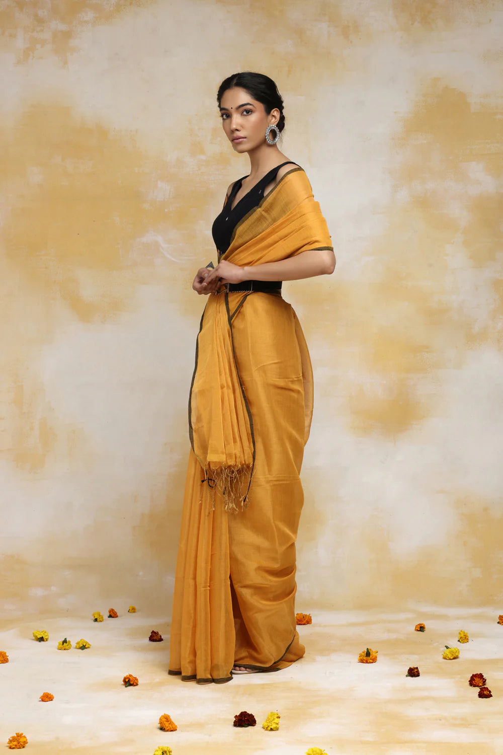 Handloom Mustard Yellow Cotton Zari Saree