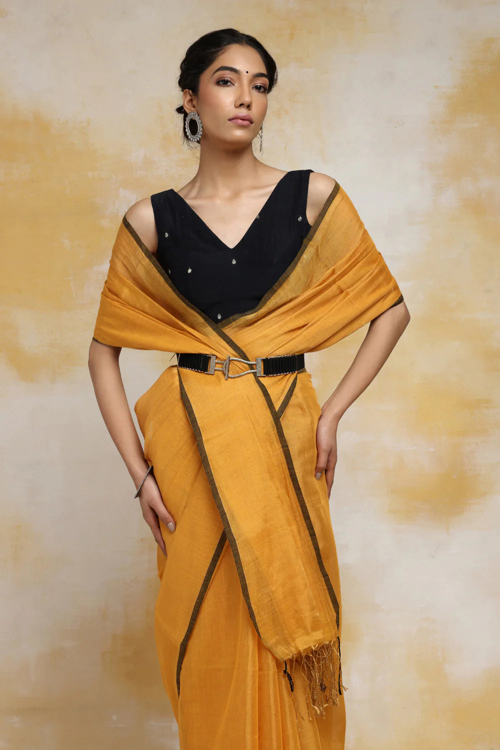 Handloom Mustard Yellow Cotton Zari Saree