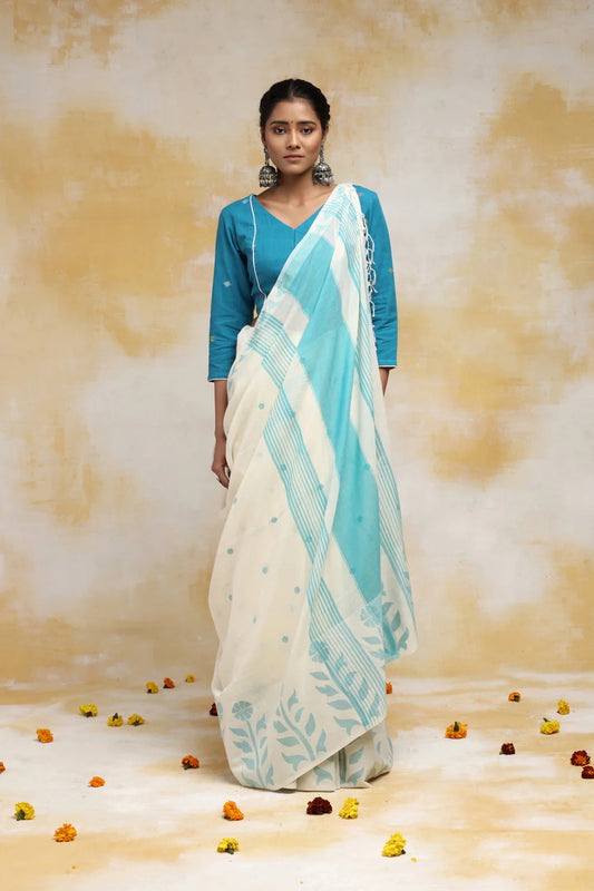 Handloom Off White & Sky Blue Soft Cotton Jamdani Saree