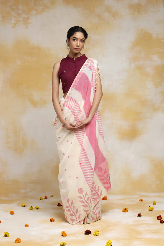 Handloom Off White & Rose Red Soft Cotton Jamdani Saree