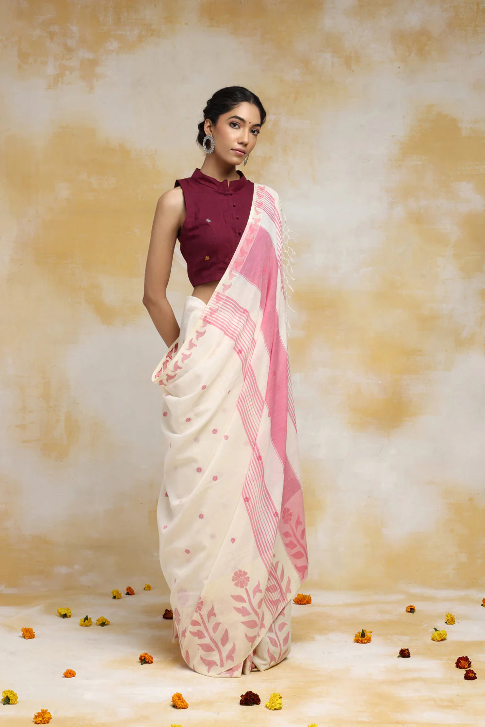 Handloom Off White & Rose Red Soft Cotton Jamdani Saree