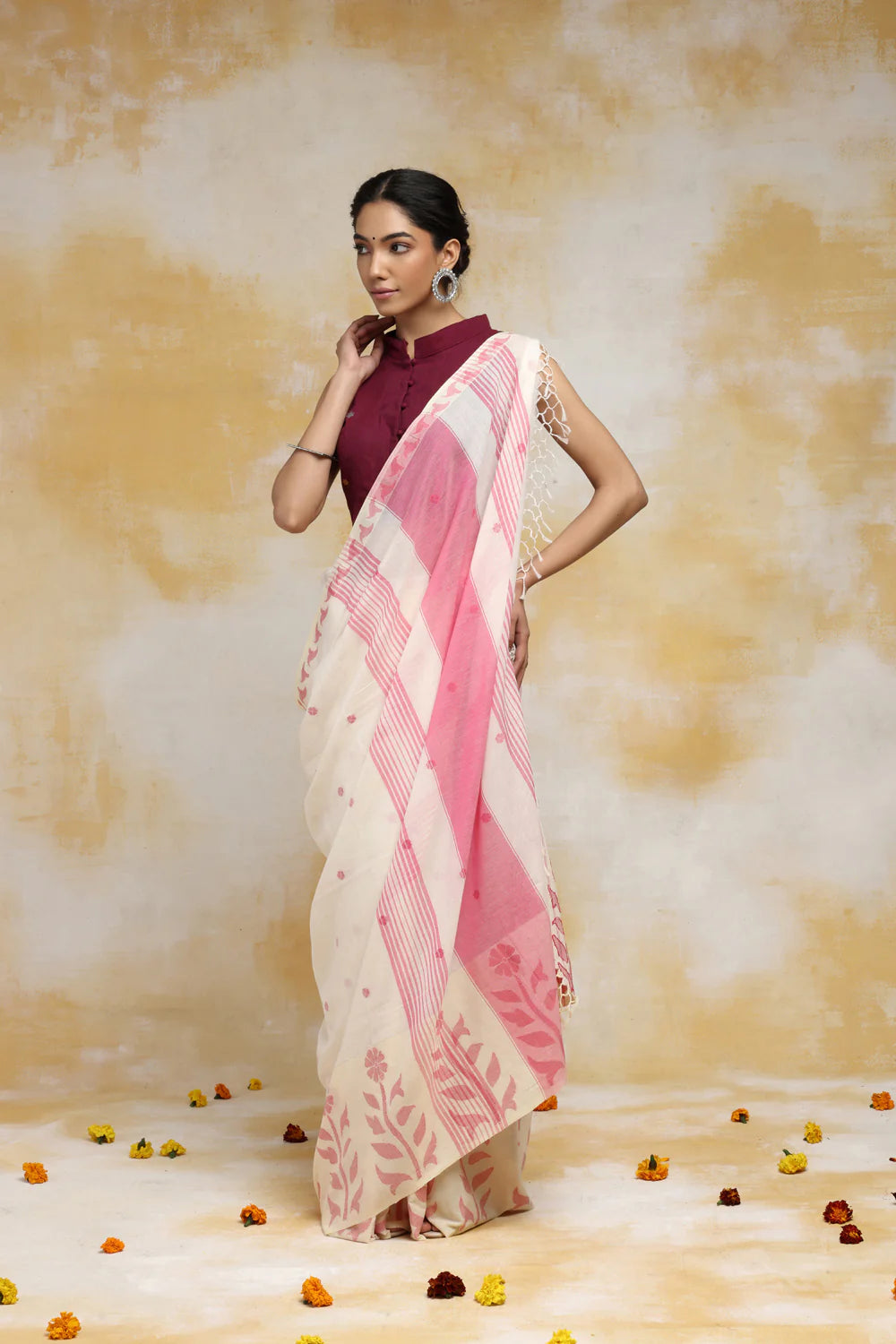 Handloom Off White & Rose Red Soft Cotton Jamdani Saree