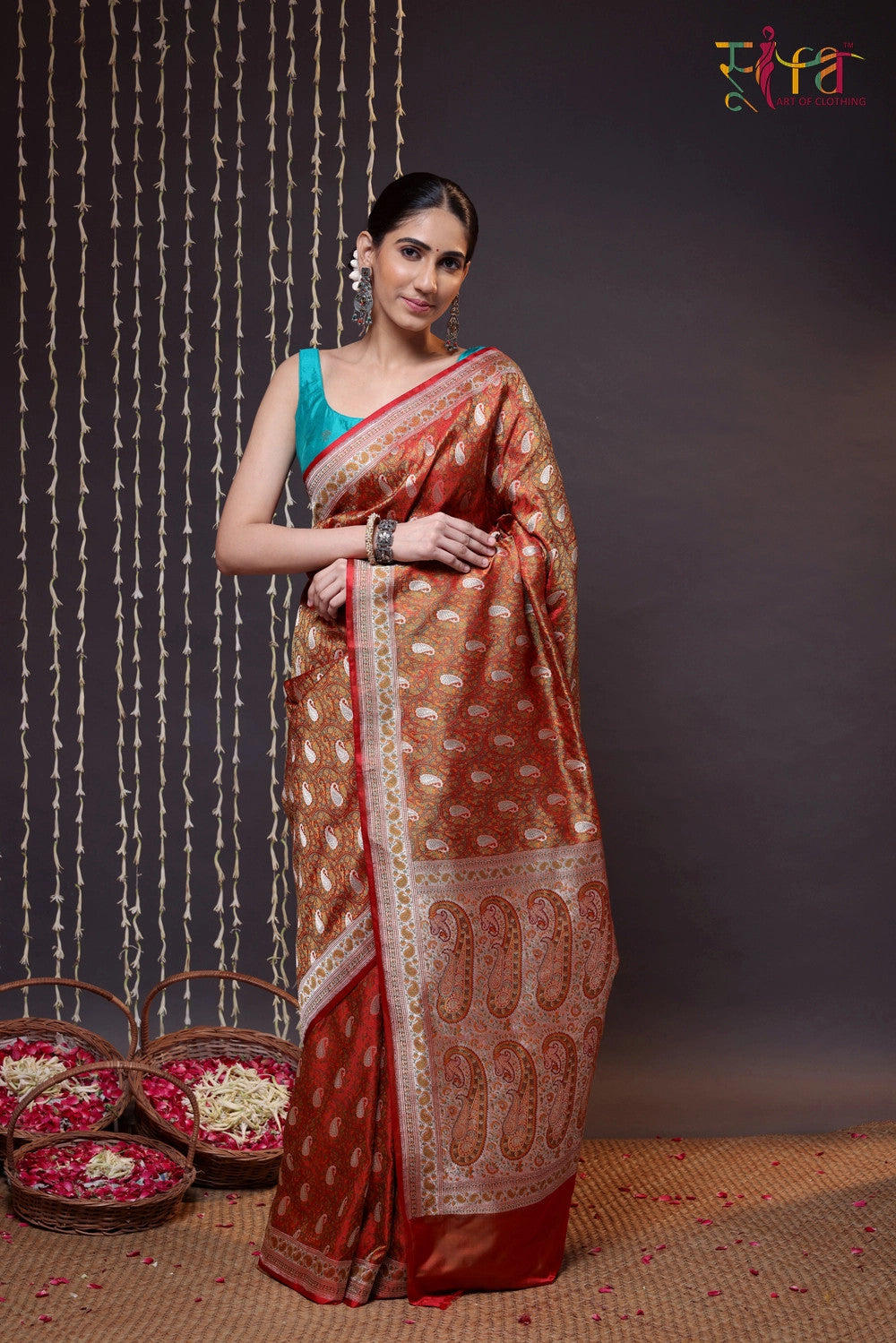 Handloom Orange Pure Silk Tanchoi Saree With Zari