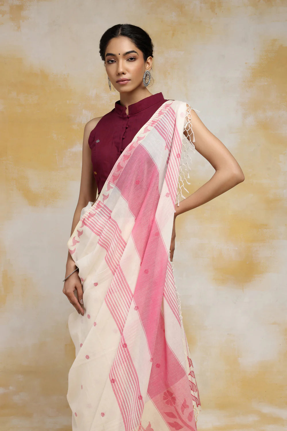 Handloom Off White & Rose Red Soft Cotton Jamdani Saree