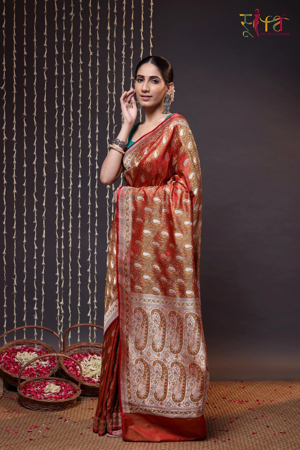 Handloom Orange Pure Silk Tanchoi Saree With Zari