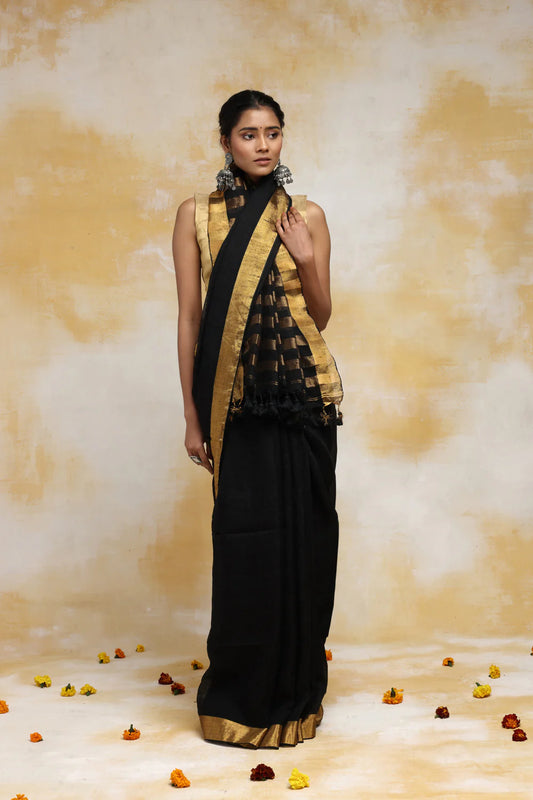 Handloom Black Linen Saree With Gold Zari Border & Zari Stripes In Pallu With Tassels