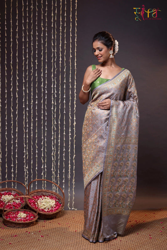 Handloom Grey Pure Silk Tanchoi Banarasi Saree