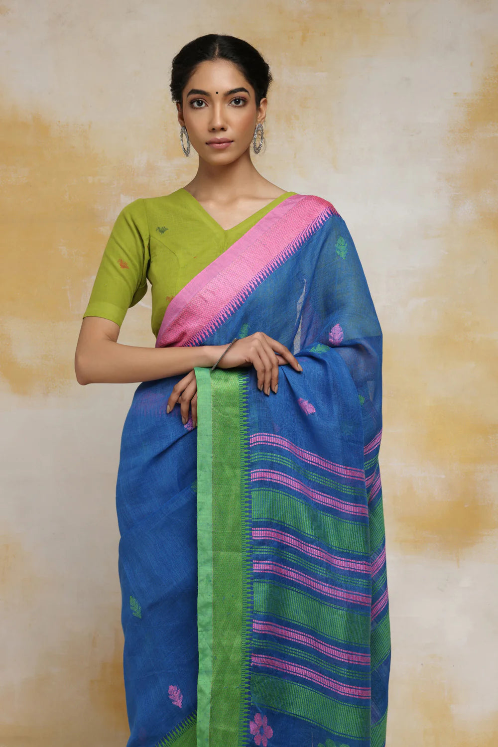 Handloom Blue Linen Saree With Pink & Green Floral Motifs And Tassels