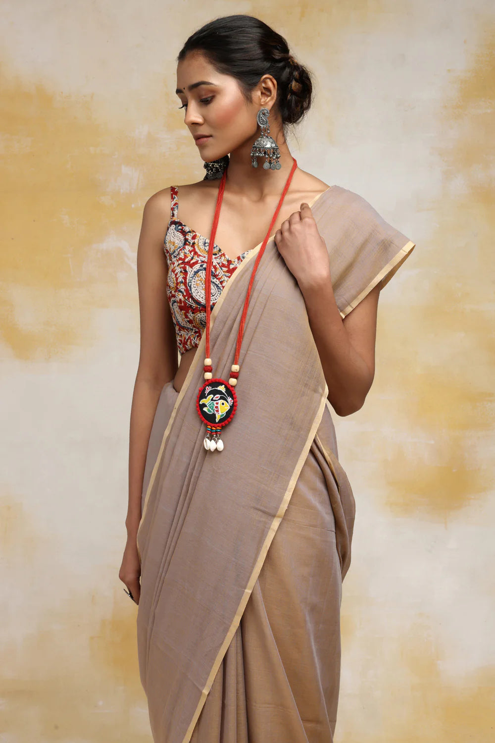 Handloom Clay Beige Mulmul Cotton Saree With  Tassels