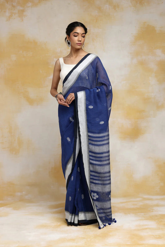 Handloom Navy Blue Linen Saree With White Bootis And Tassels