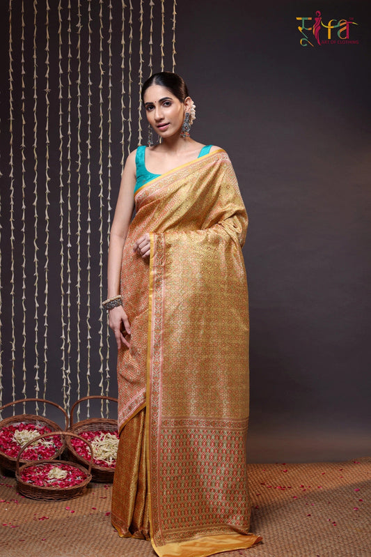 Handloom Yellow Pure Silk Tanchoi Banarasi Saree