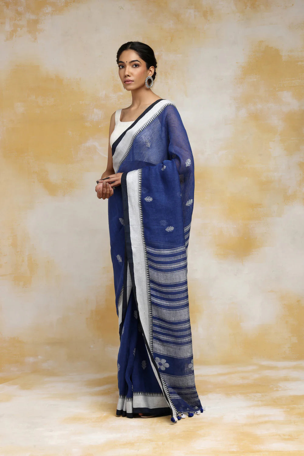 Handloom Navy Blue Linen Saree With White Bootis And Tassels