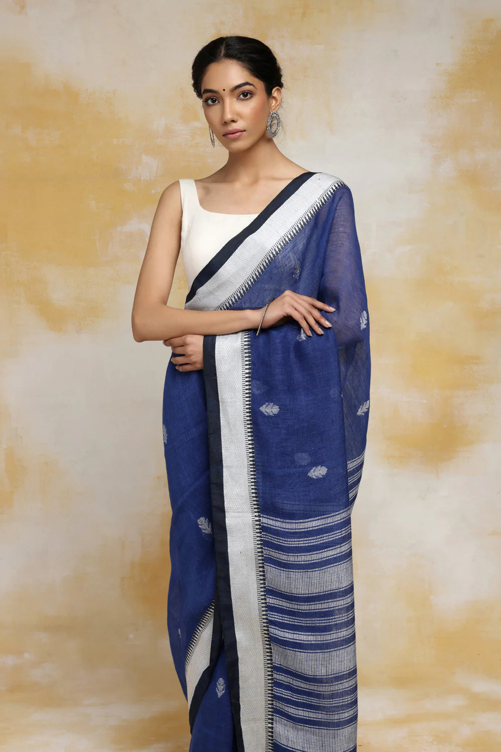 Handloom Navy Blue Linen Saree With White Bootis And Tassels