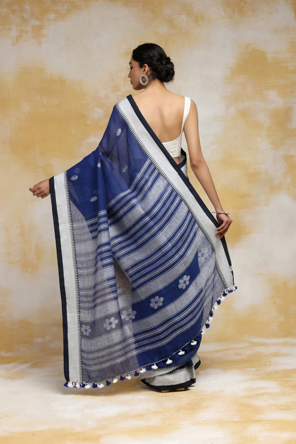 Handloom Navy Blue Linen Saree With White Bootis And Tassels