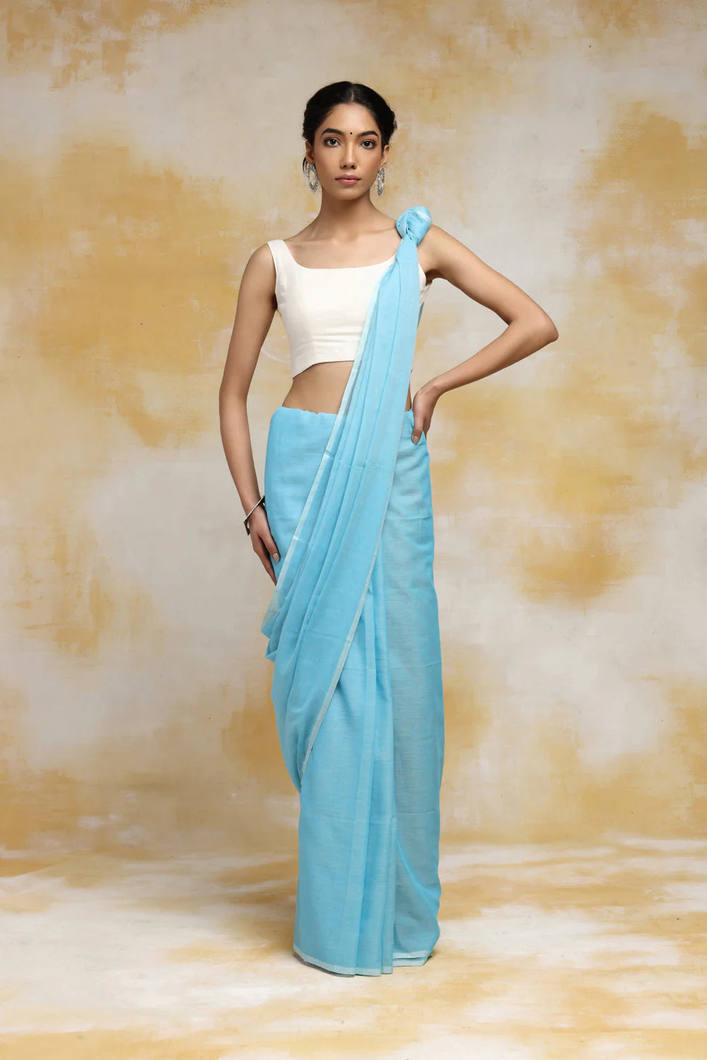 Handloom Sky Blue Mulmul Cotton Saree With Tassels