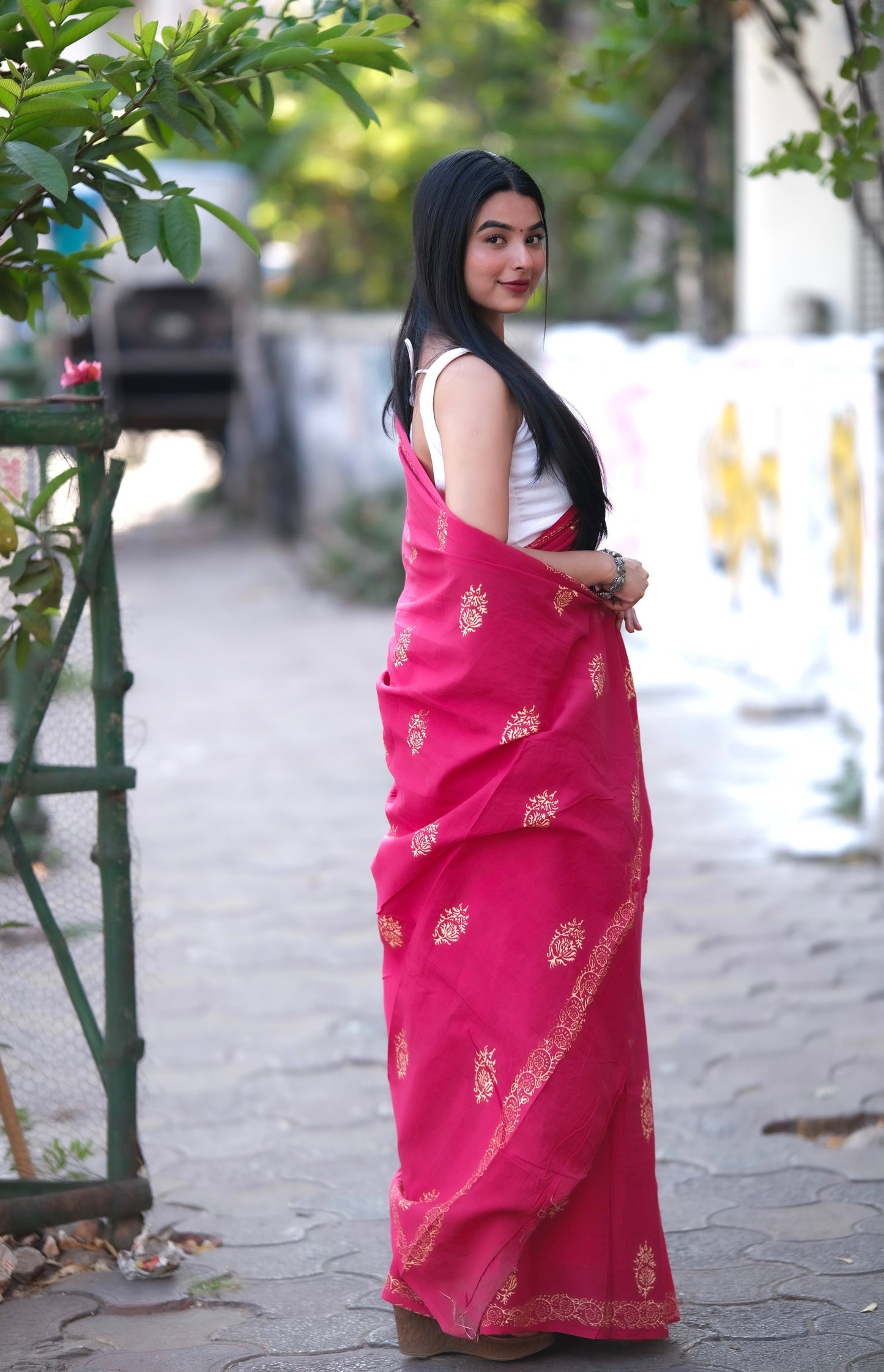 Gulkand - Red Handblock Print Natural Dyed - Mulmul Cotton Saree