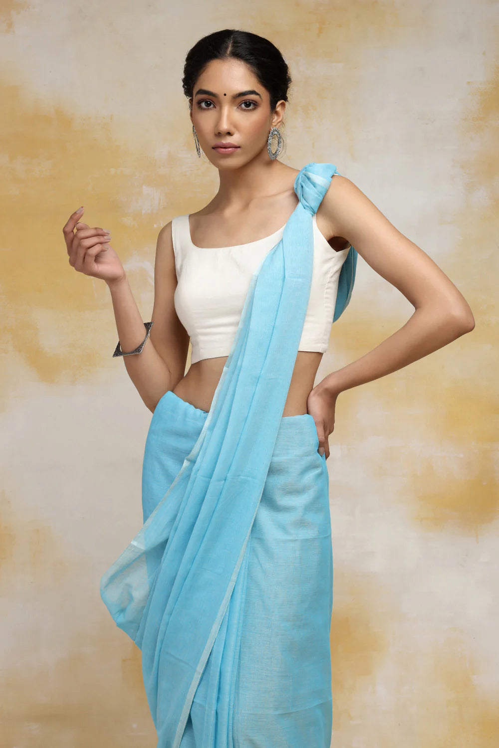 Handloom Sky Blue Mulmul Cotton Saree With Tassels