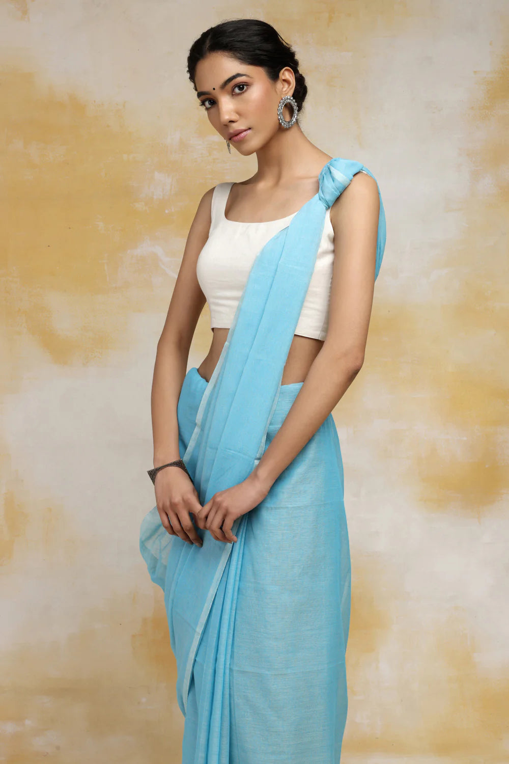 Handloom Sky Blue Mulmul Cotton Saree With Tassels