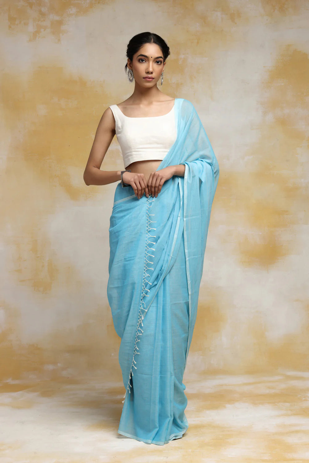 Handloom Sky Blue Mulmul Cotton Saree With Tassels