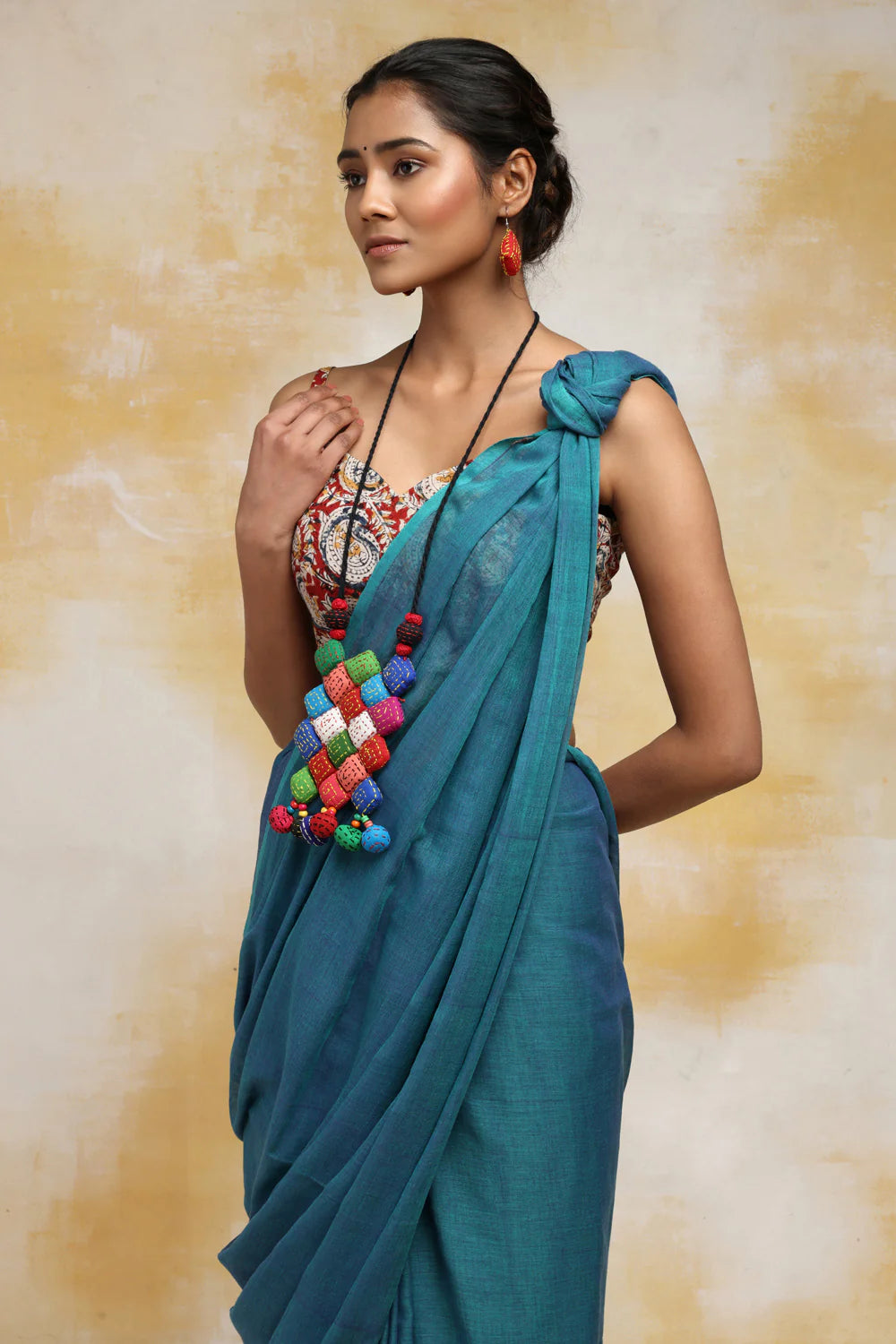 Handloom Teal Mulmul Cotton Saree With Tassels