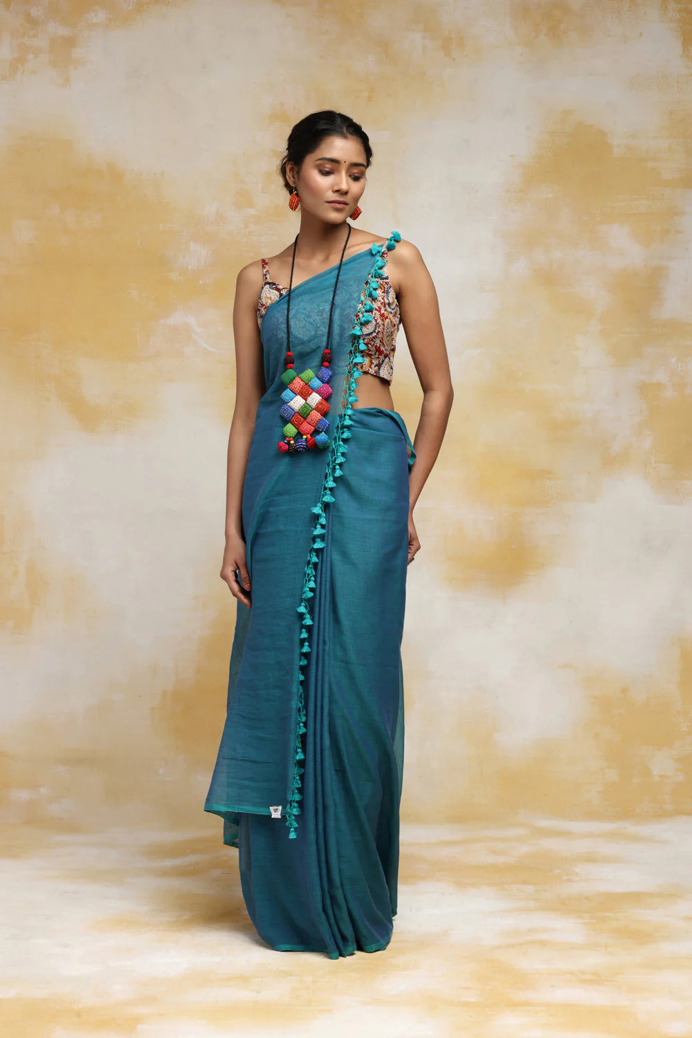 Handloom Teal Mulmul Cotton Saree With Tassels