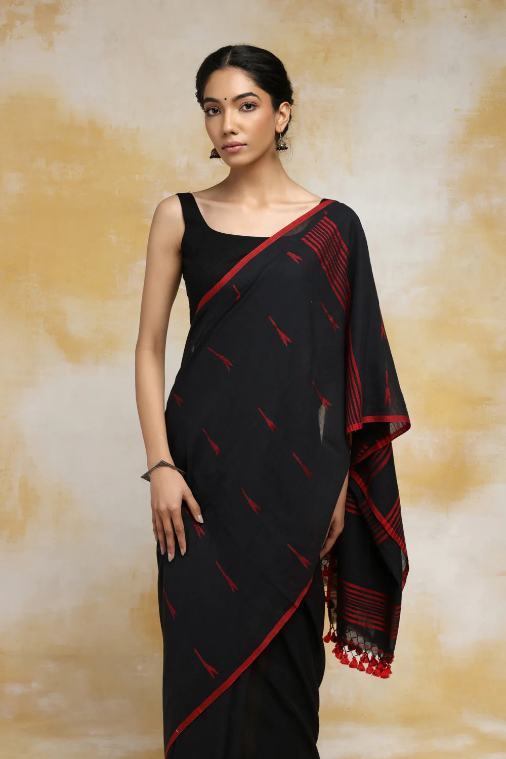 Handloom Black Booti Mulmul Cotton Saree With Red Tassels