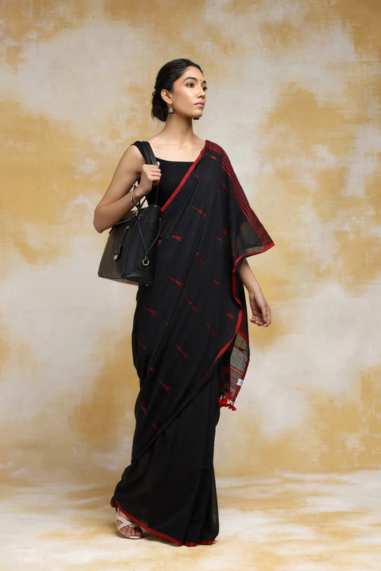 Handloom Black Booti Mulmul Cotton Saree With Red Tassels