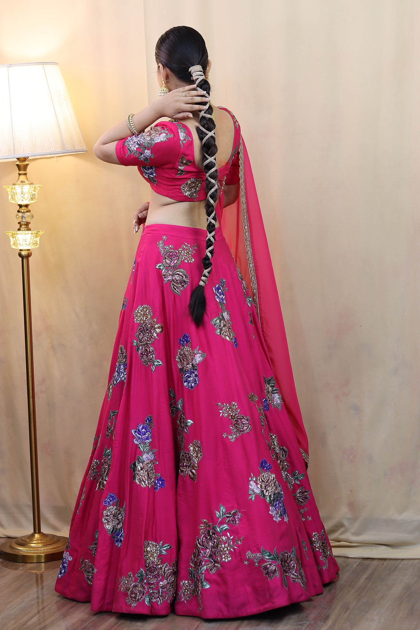 Hot Pink Applique Bridal Lehenga Set for Mehendi