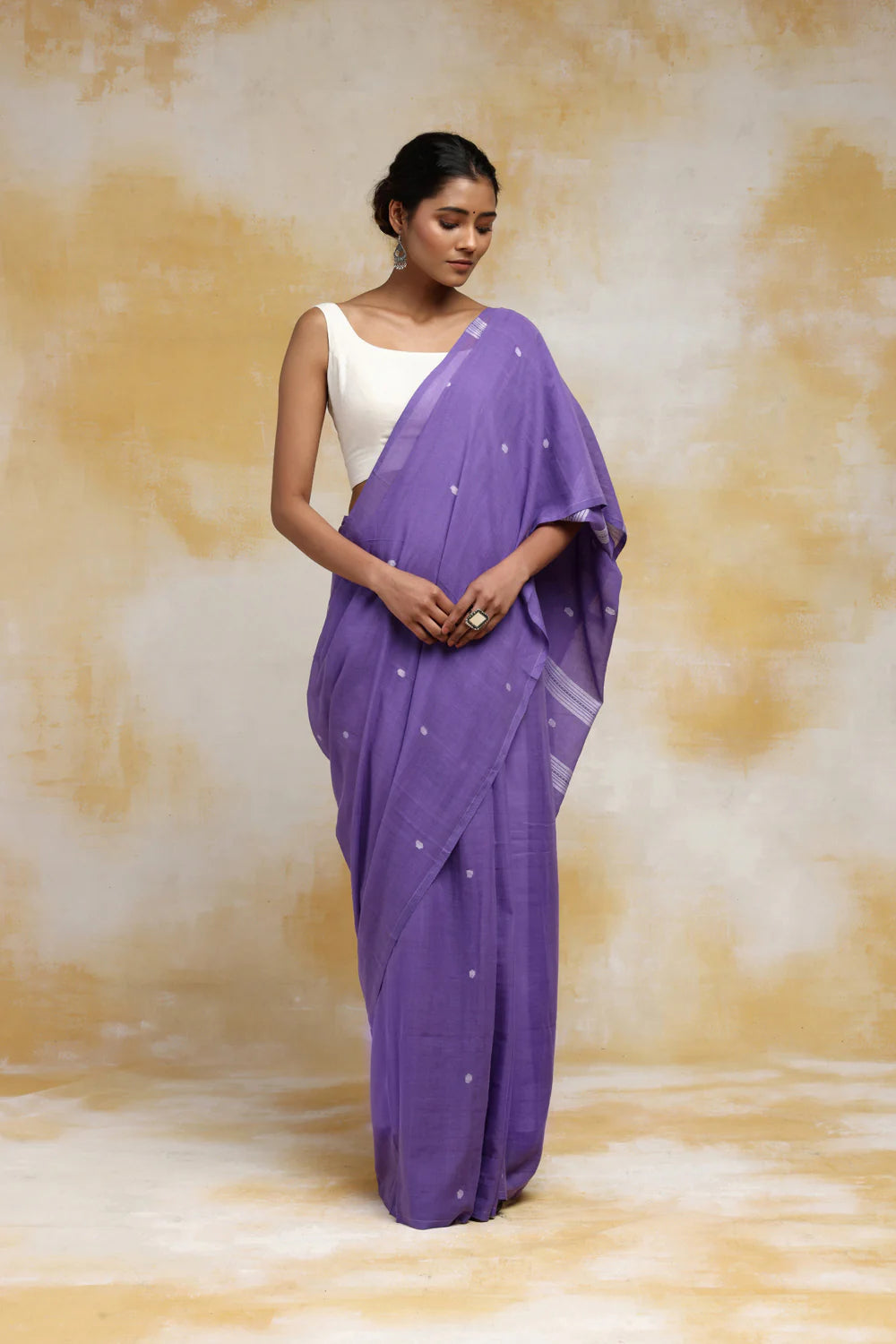 Handloom Purple Mulmul Cotton Saree With White Booti And Tassels