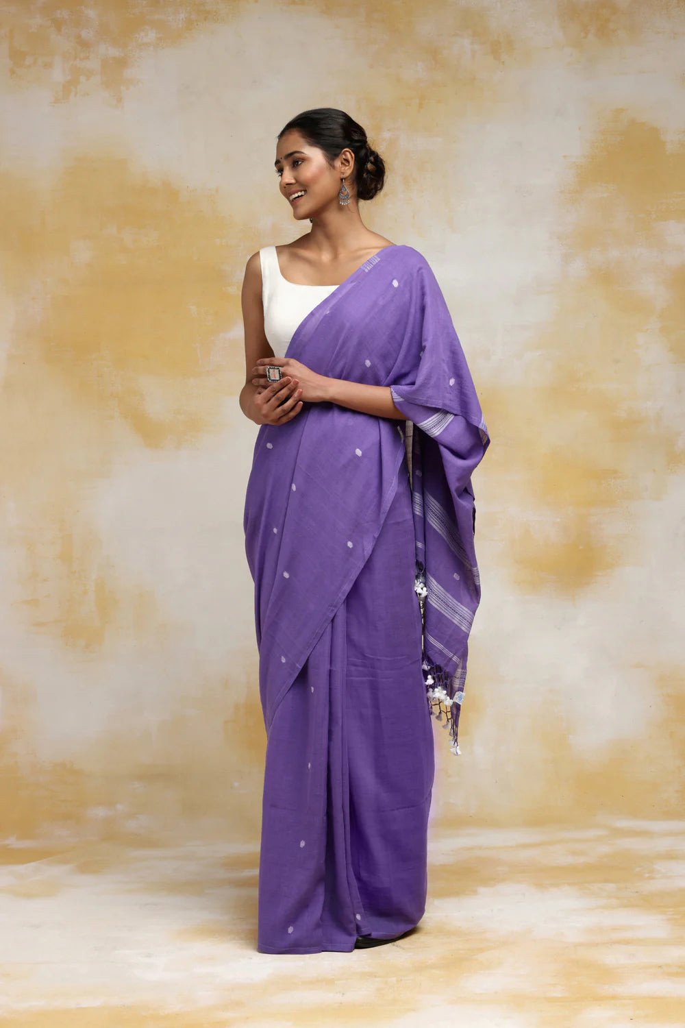 Handloom Purple Mulmul Cotton Saree With White Booti And Tassels