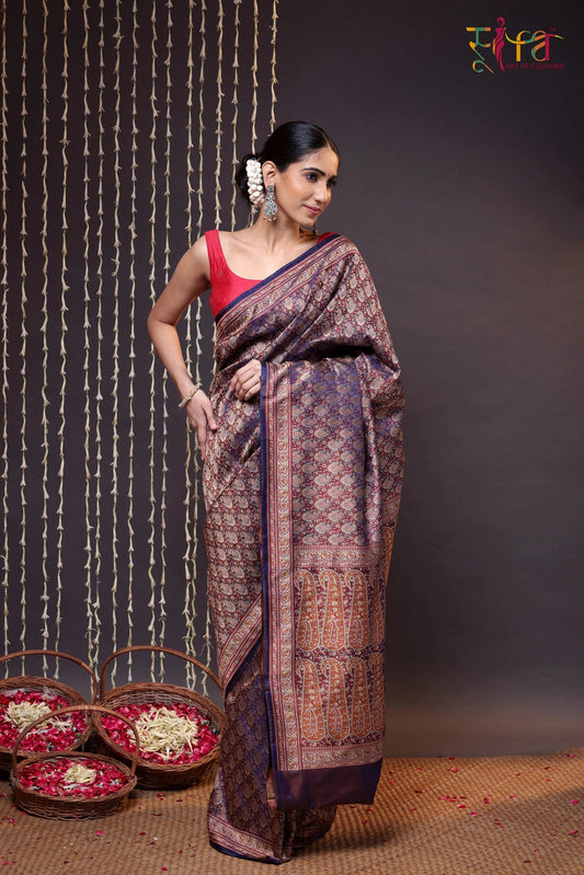 Dark Purple Handloom Pure Silk Tanchoi Banarasi Saree