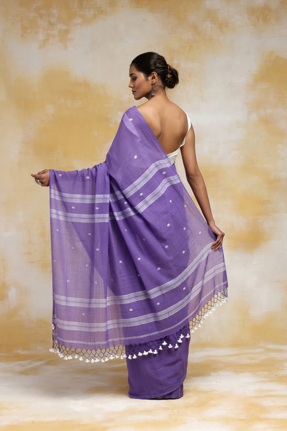 Handloom Purple Mulmul Cotton Saree With White Booti And Tassels