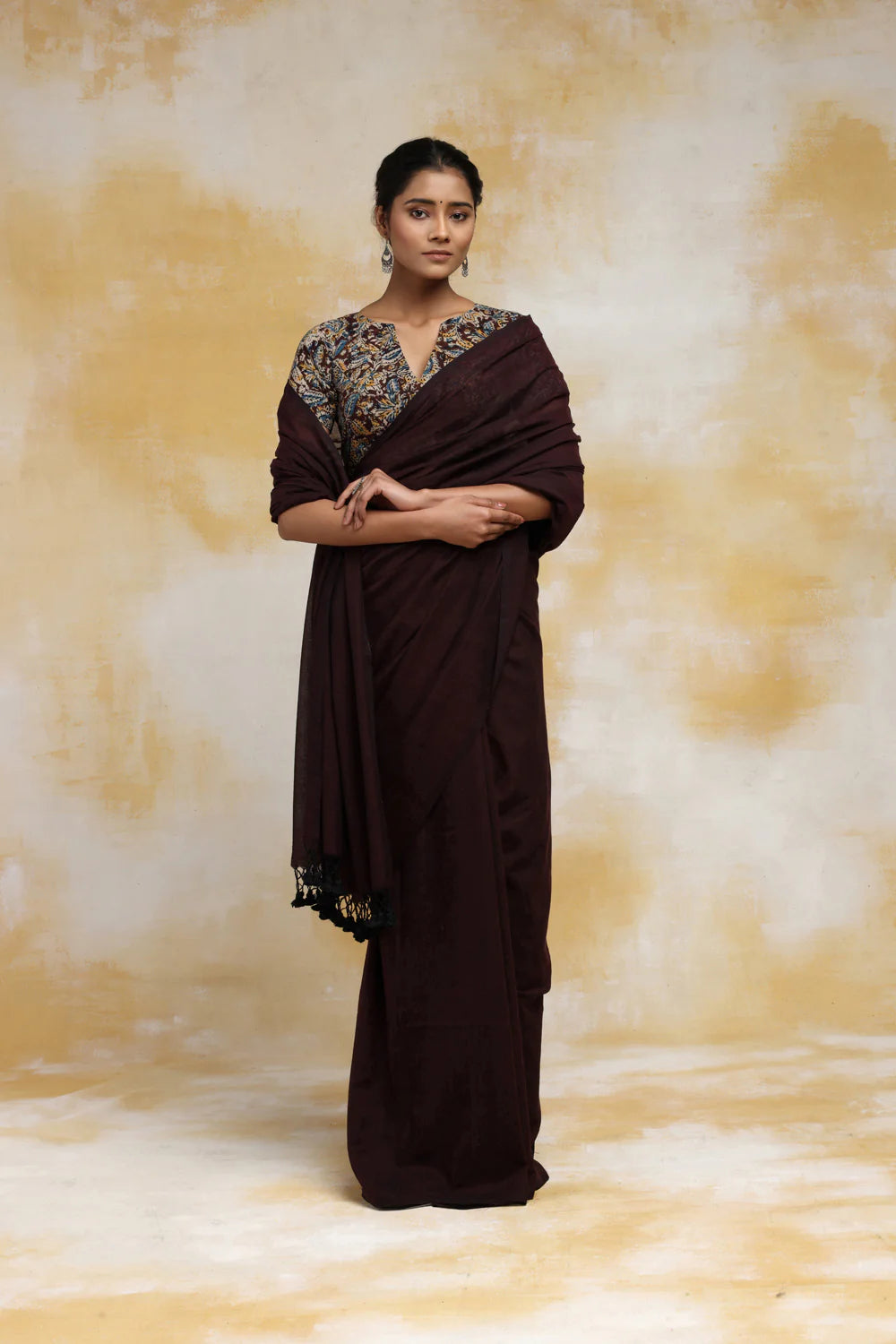 Handloom Chocolate Brown Mulmul Cotton Saree With Tassels