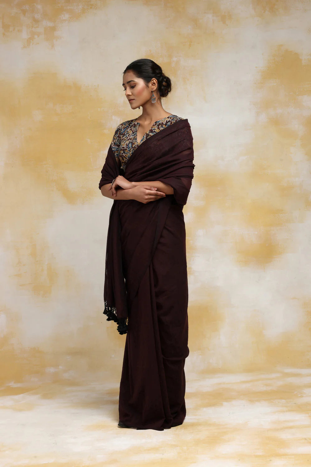 Handloom Chocolate Brown Mulmul Cotton Saree With Tassels