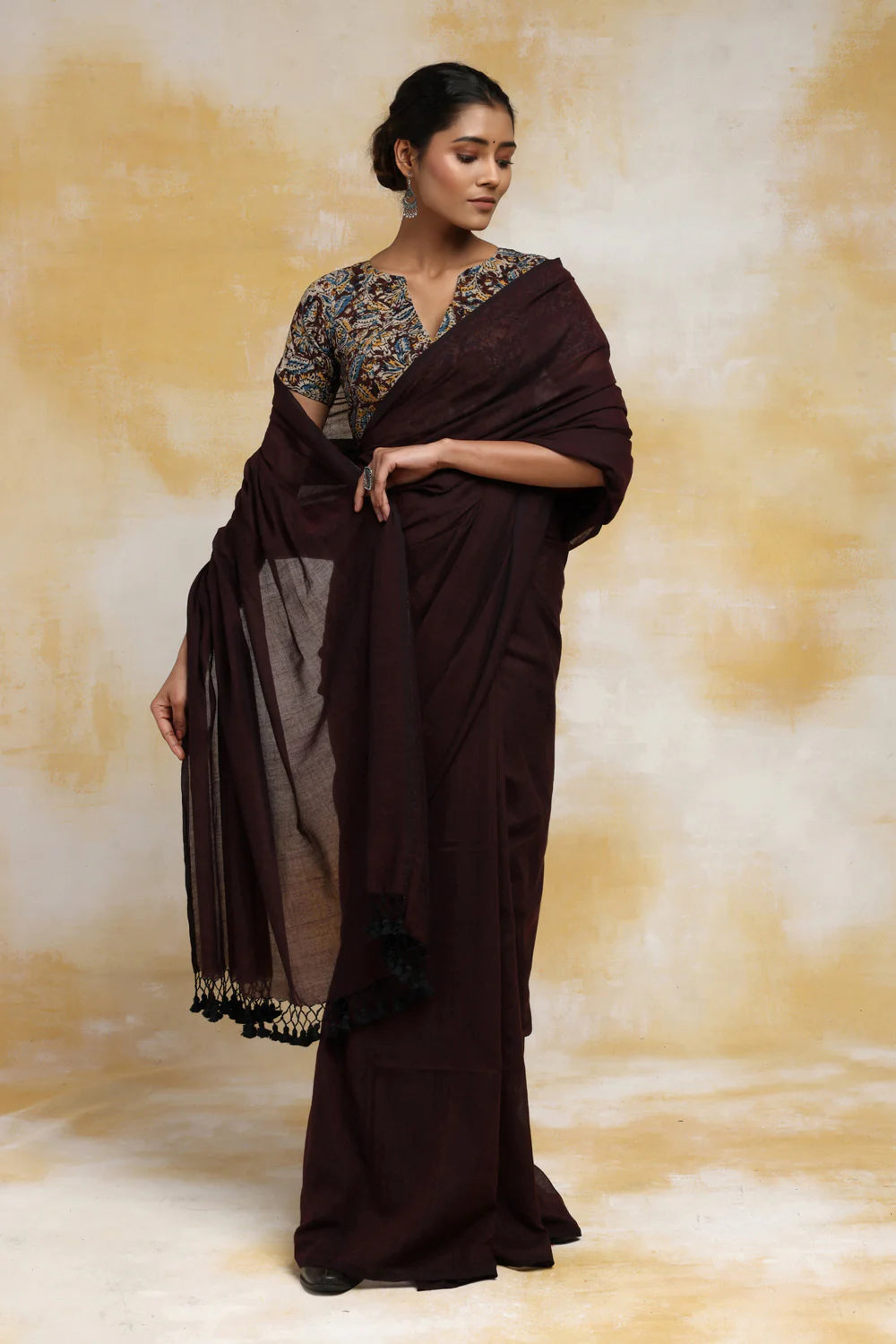 Handloom Chocolate Brown Mulmul Cotton Saree With Tassels