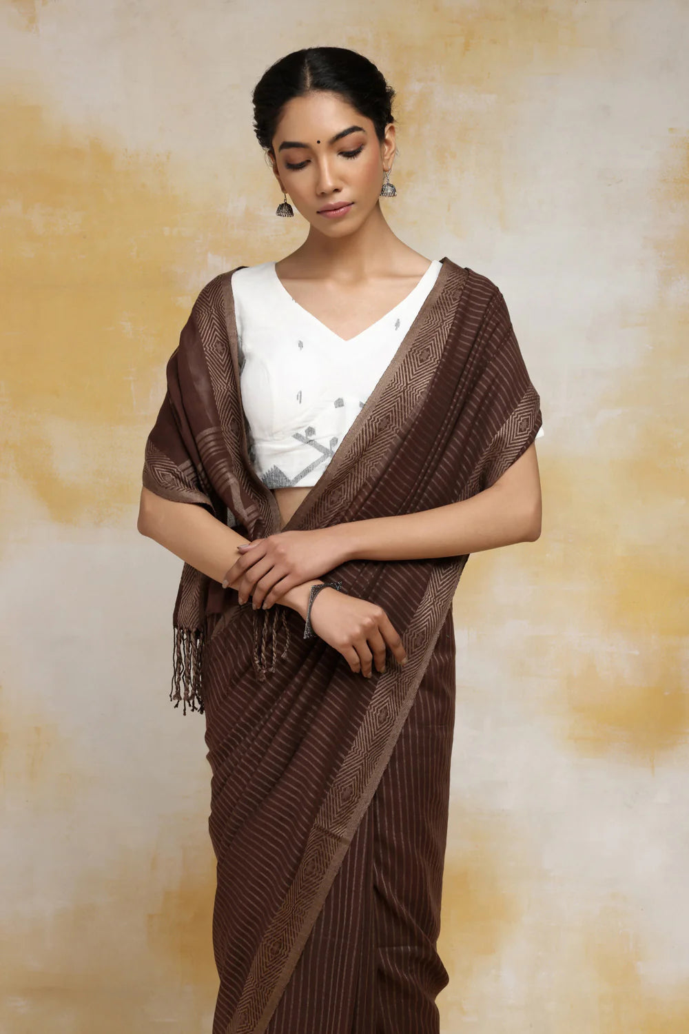 Handloom Brown Shantipuri Mul Cotton Saree