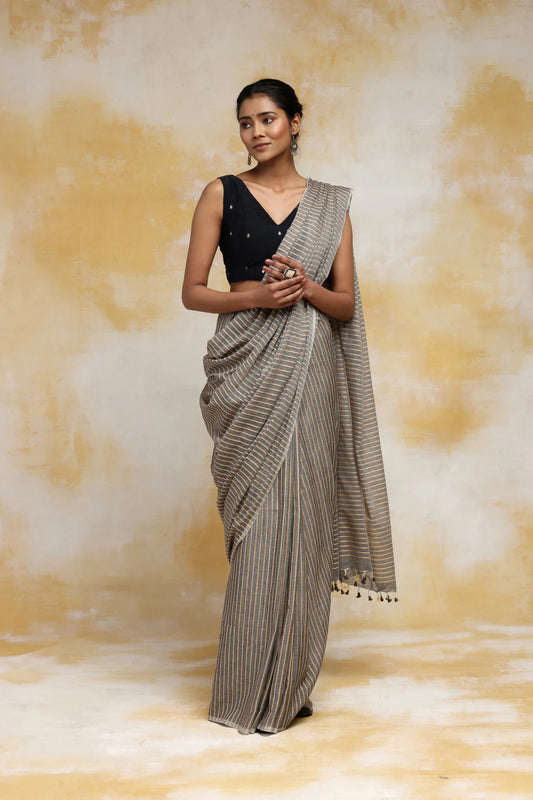 Handloom Grey Mulmul Cotton Saree With Tassels